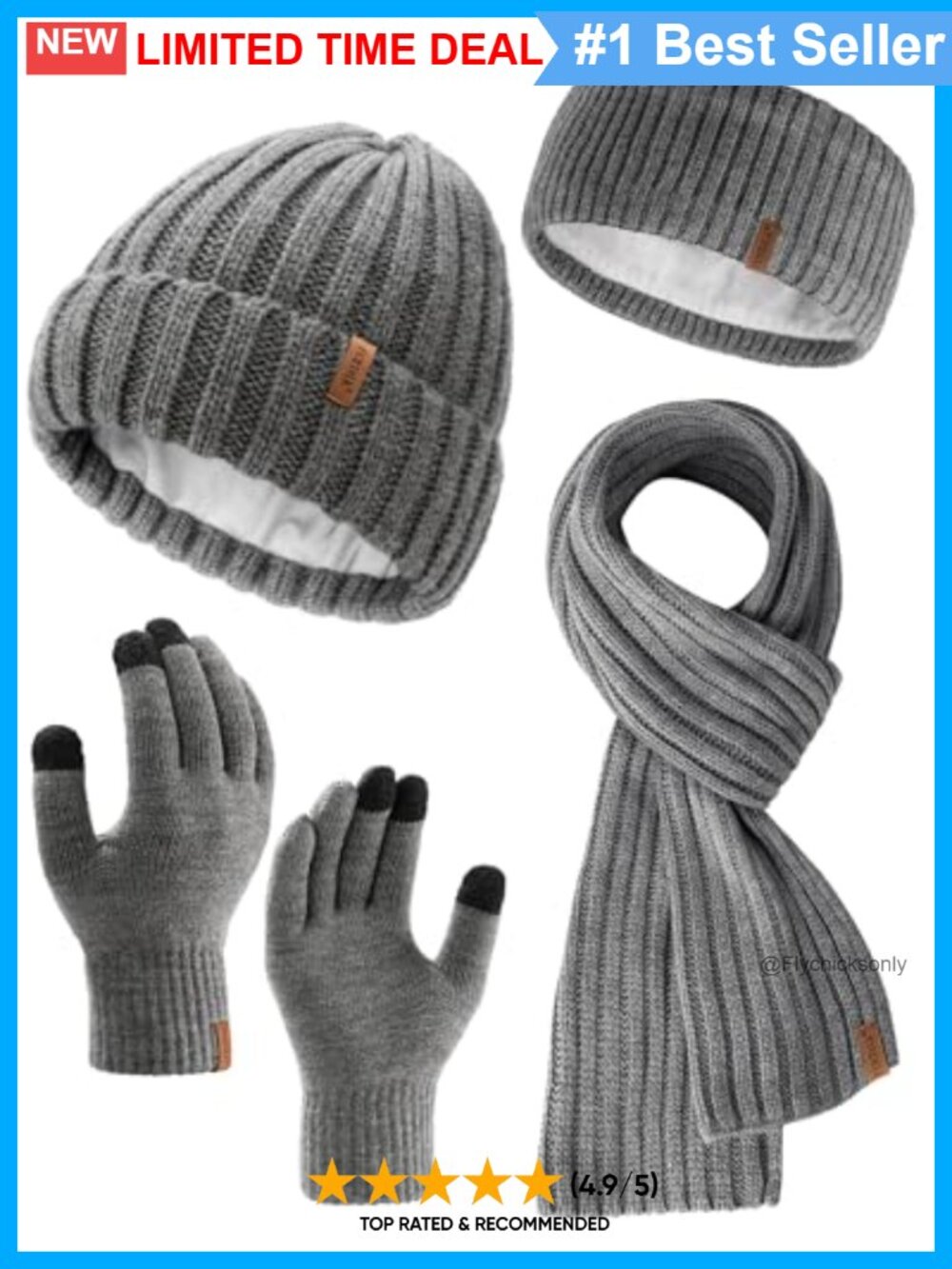 Winter Beanie Hat Scarf Touchscreen Gloves Set 4-in-1 Gift